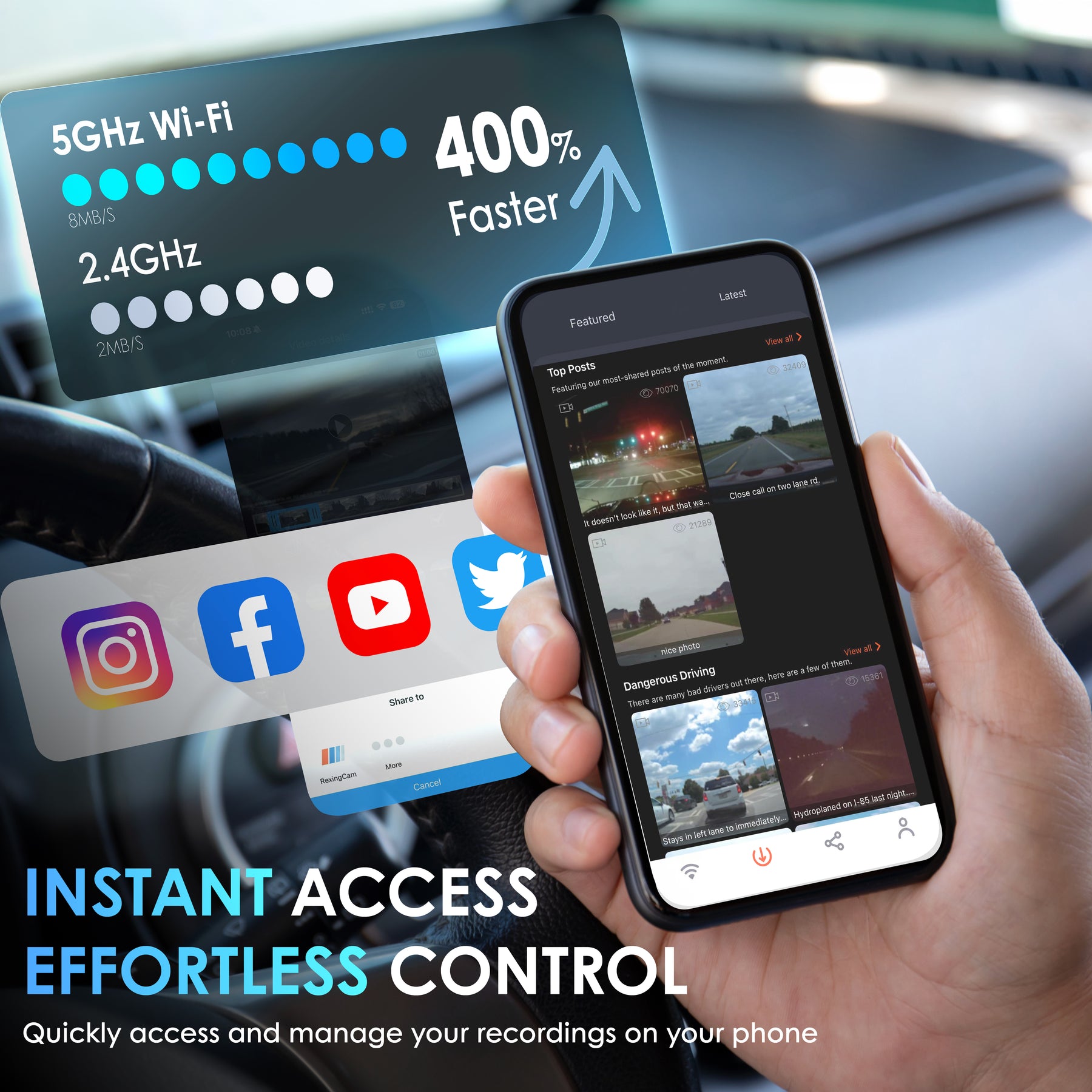 Rexing F30 4K+1080P Dual Dash Cam Front and Rear, Built-in GPS Mount, 5G Wi-Fi, App Control, Parking Monitor, Collision Detection