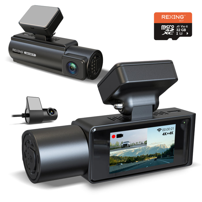 Rexing C2 Pro front dash cam, rear camera and included 32GB card