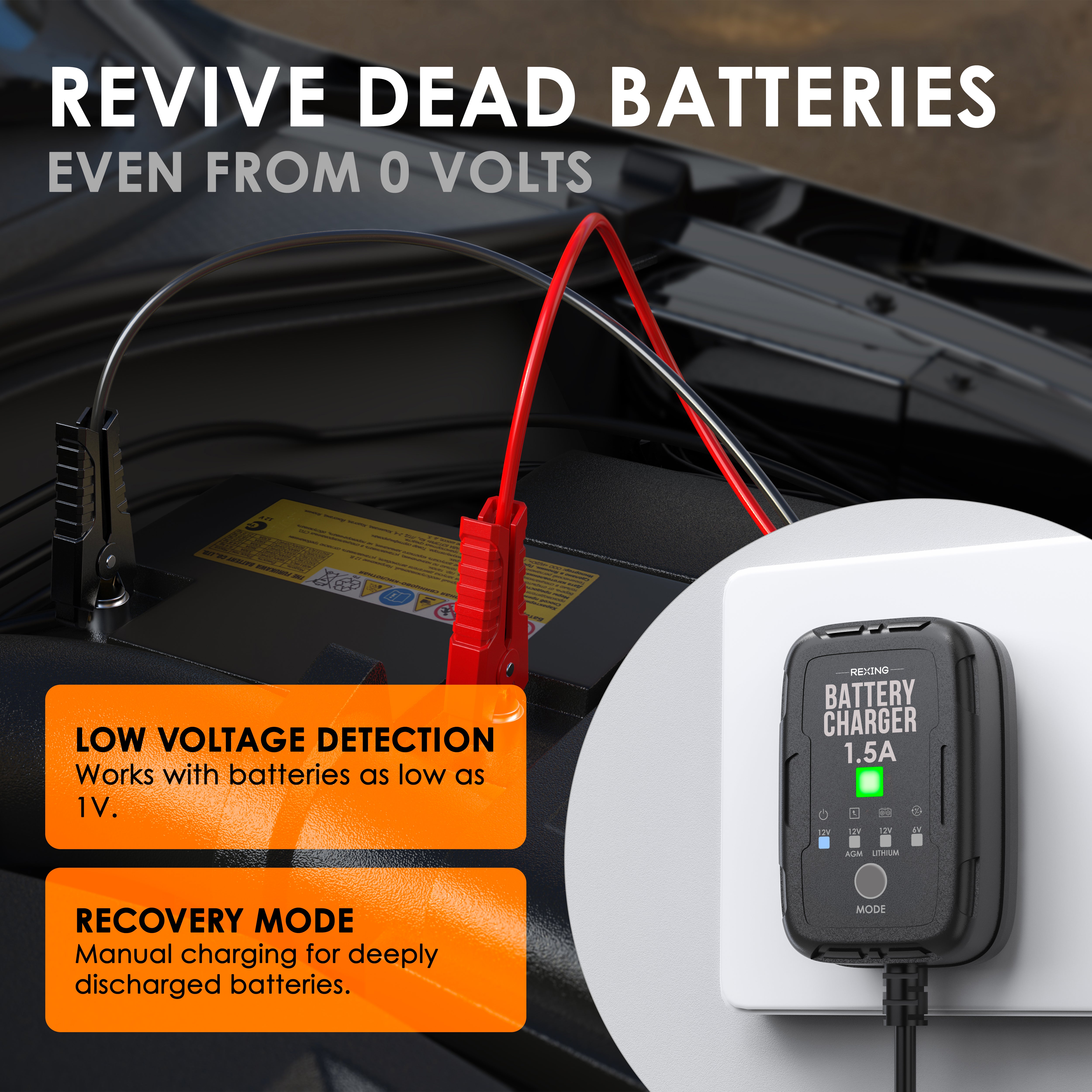 Rexing Master 1.5A Smart Battery Charger 6V 12V Automatic Trickle Charger and Maintainer with Multi Protection and Temperature Control for Lead Acid AGM Gel SLA and Lithium Batteries