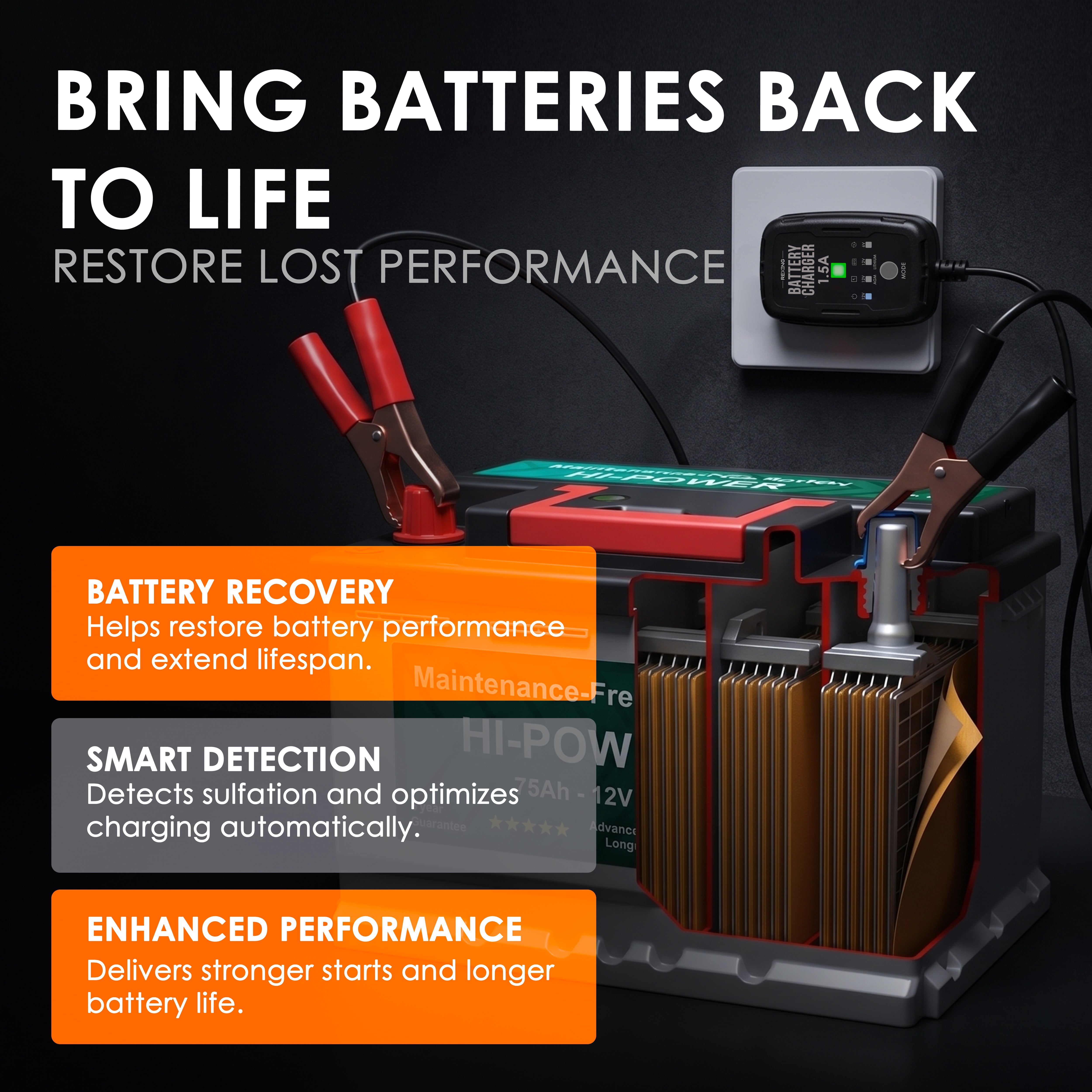 Rexing Master 1.5A Smart Battery Charger 6V 12V Automatic Trickle Charger and Maintainer with Multi Protection and Temperature Control for Lead Acid AGM Gel SLA and Lithium Batteries