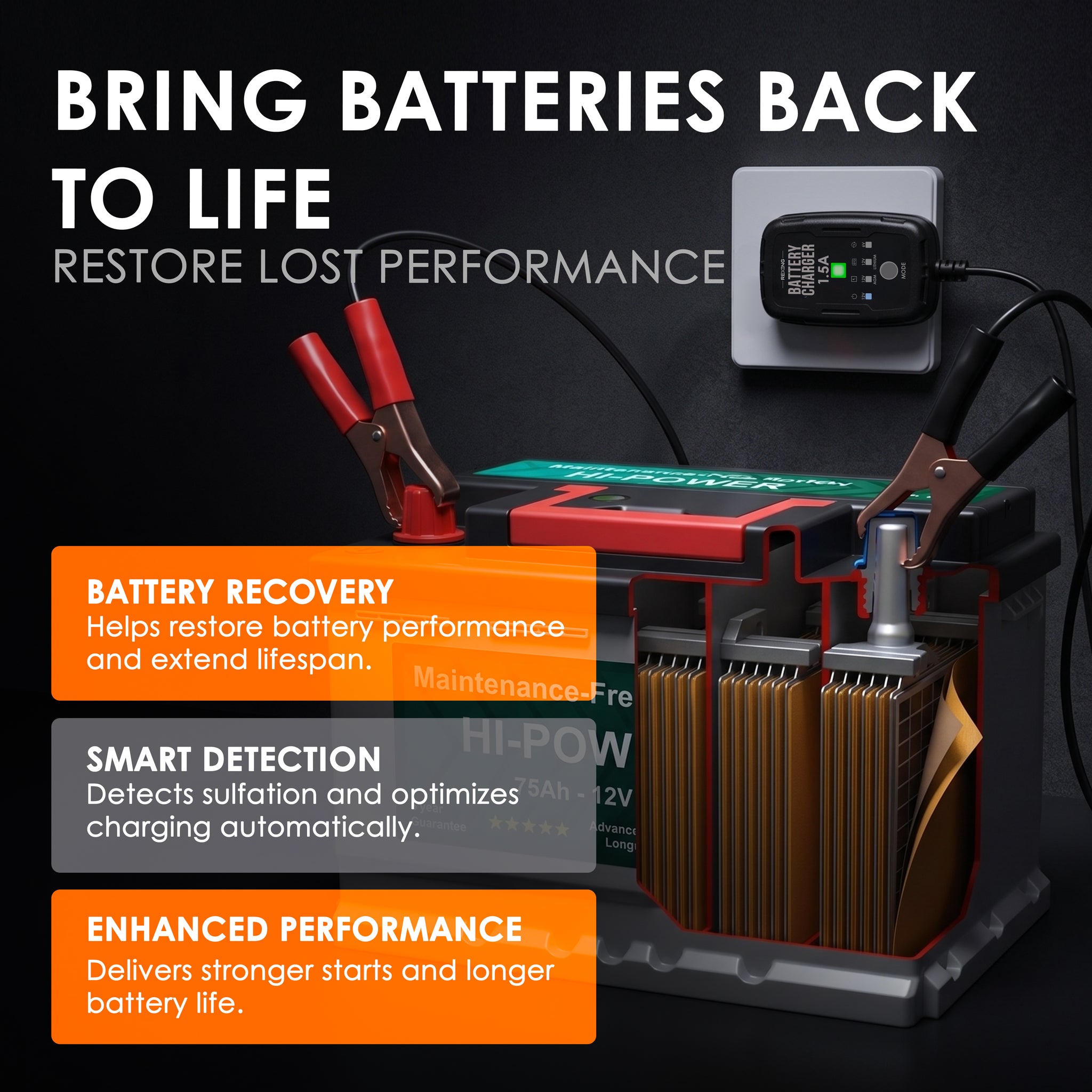 Rexing Master 1.5A Smart Battery Charger 6V 12V Automatic Trickle Charger and Maintainer with Multi Protection and Temperature Control for Lead Acid AGM Gel SLA and Lithium Batteries