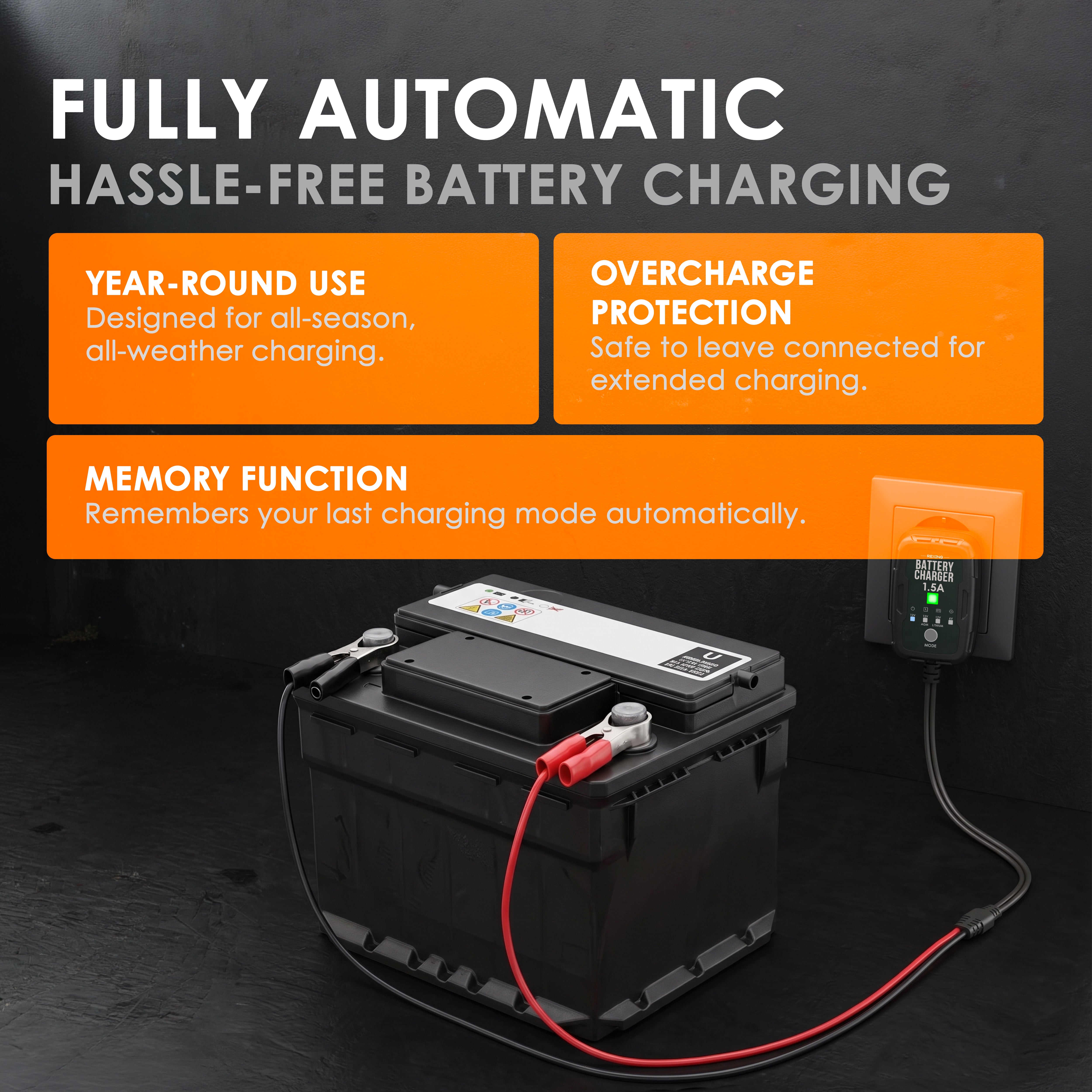 Rexing Master 1.5A Smart Battery Charger 6V 12V Automatic Trickle Charger and Maintainer with Multi Protection and Temperature Control for Lead Acid AGM Gel SLA and Lithium Batteries
