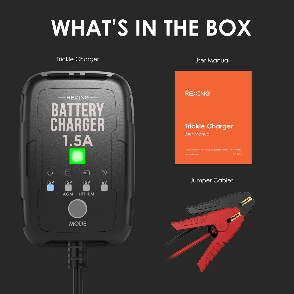 Rexing Master 1.5A Smart Battery Charger 6V 12V Automatic Trickle Charger and Maintainer with Multi Protection and Temperature Control for Lead Acid AGM Gel SLA and Lithium Batteries