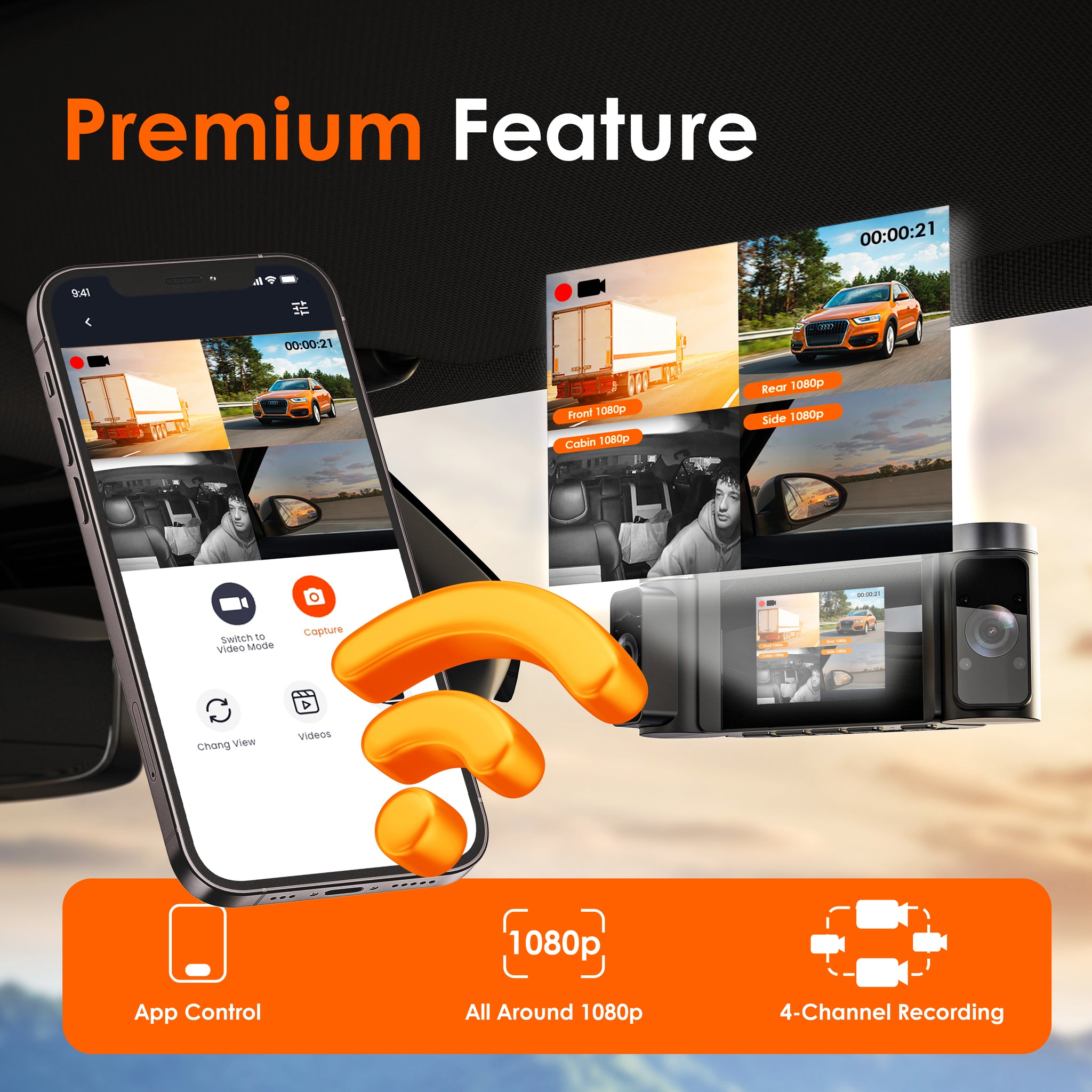 Rexing C4 4-Channel Dash Cam with All-Around 1080p, Wi-Fi App Control, Parking Mode, 64GB Card