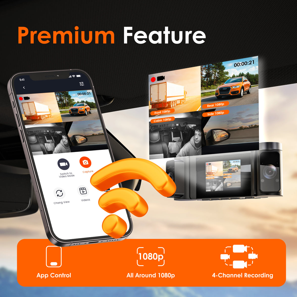 Rexing C4 4-Channel Dash Cam with All-Around 1080p, Wi-Fi App Control, Parking Mode, 64GB Card