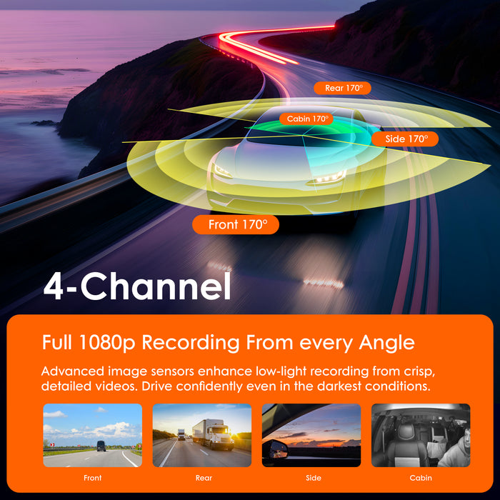 C4 four-channel 1080p recording and 170-degree front, rear, side and cabin coverage illustration
