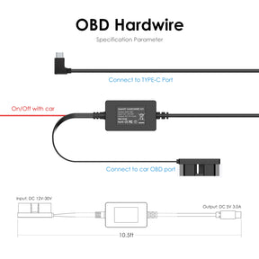 Rexing Dash Cam Hardwire Kit with OBD Interface, 24/7 Parking Mode, ACC Detection, Low Voltage Protection, 12V-30V to 5V/3A, 10.5ft Type C Cable