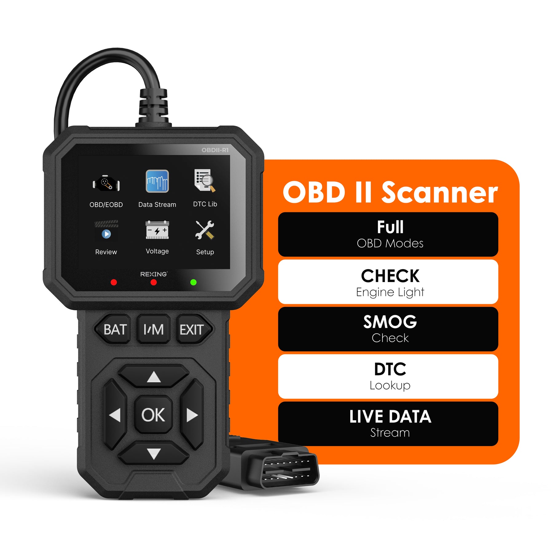 Rexing OBD2 Scanner - Enhanced Universal Car Code Reader & Diagnostic Tool for All OBDII Cars Since 1996, Read/Clear Engine Fault Codes, Check Smog Readiness, Live Data & Freeze Frame (Black)