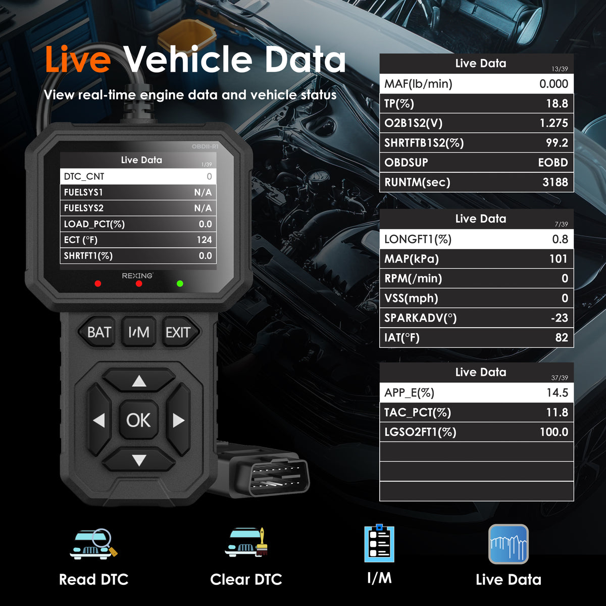 Rexing OBDII live data display showing engine sensor readings and vehicle status