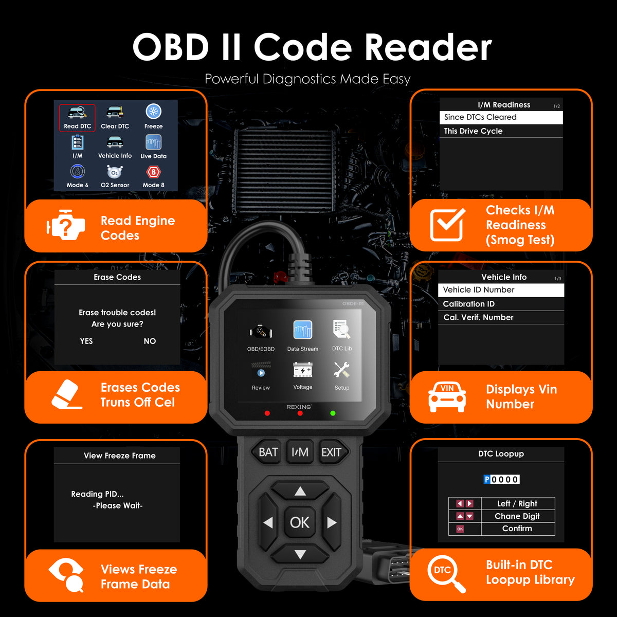 Rexing scanner functions: engine codes, clear codes, freeze frame, I/M readiness, vehicle information and DTC lookup