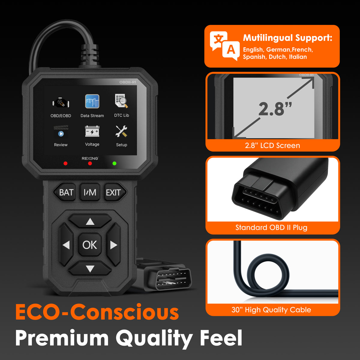 Rexing OBDII scanner with 2.8-inch LCD, six interface languages, standard OBDII plug and 30-inch cable