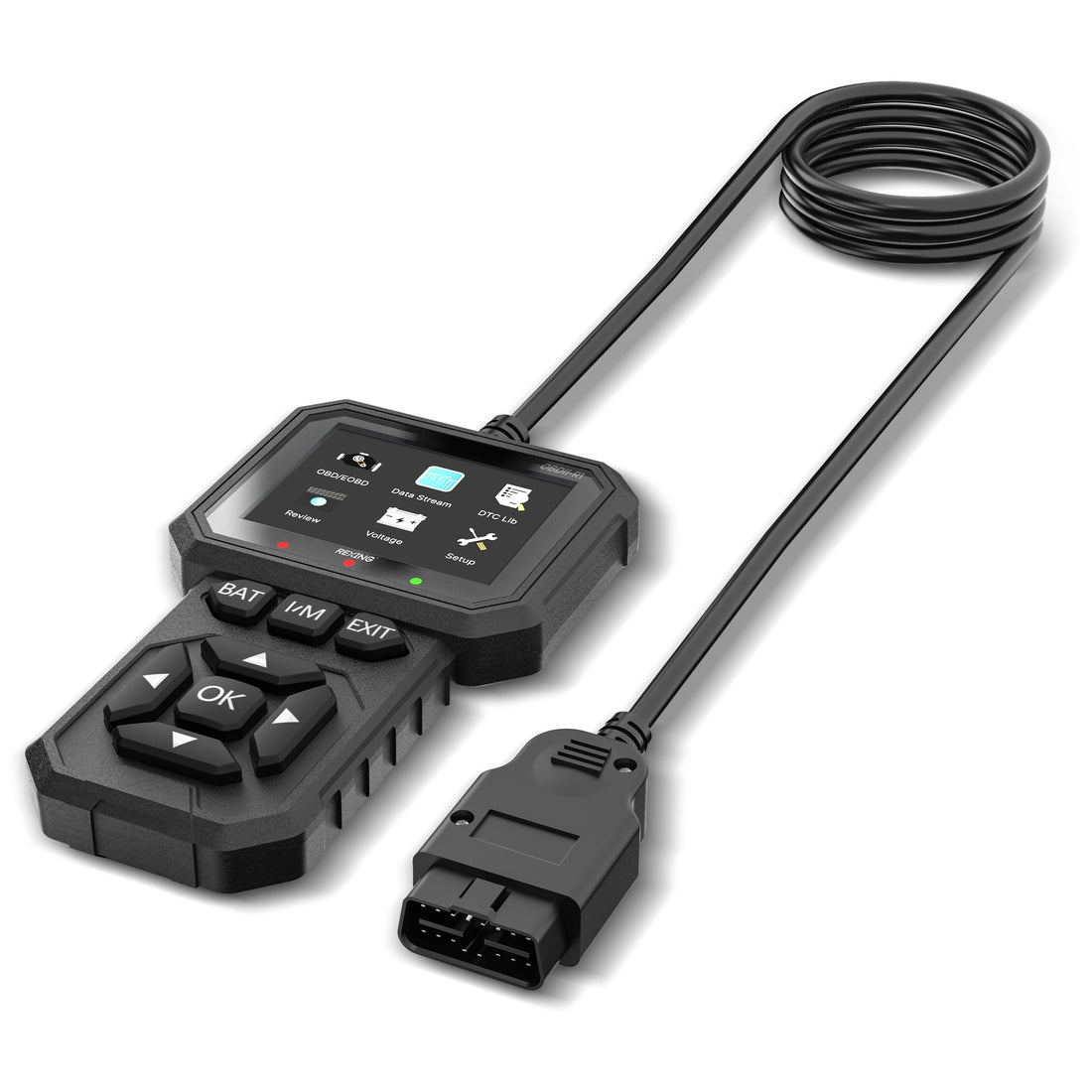 Rexing OBDII scanner with attached cable and 16-pin vehicle connector