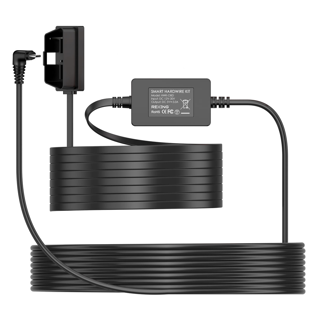 Rexing Dash Cam Hardwire Kit with OBD Interface, Smart 24/7 Parking Mode, ACC Detection, Low Voltage Protection, 12V–30V to 5V/3A, 10.5ft Type C Cable, No Fuse Tap Needed