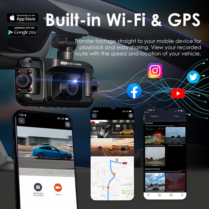 4CH built-in Wi-Fi and GPS with mobile playback and recorded route information