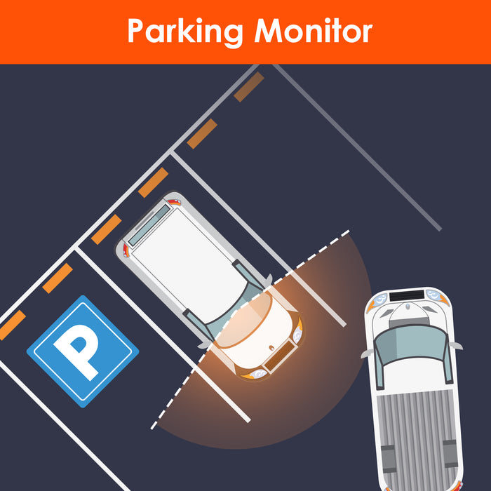 4CH parking monitor illustration showing a parked vehicle and nearby activity