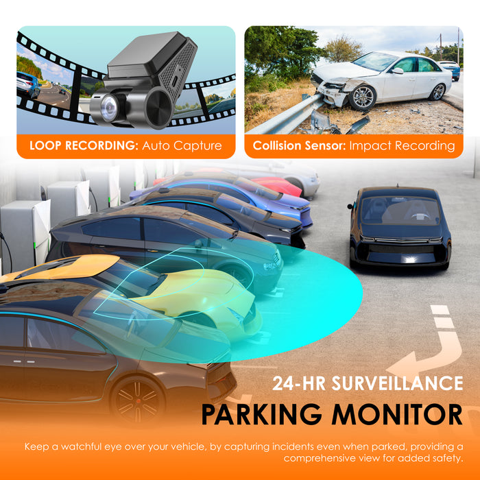 RH2 parking monitor, loop recording and collision sensor feature illustration