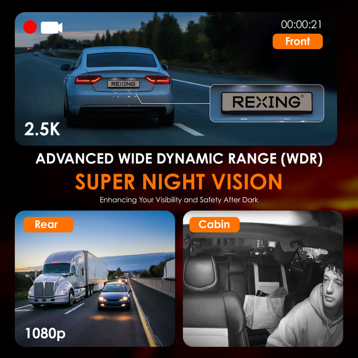 RH2 night vision and WDR illustration showing 2.5K front and 1080p rear and cabin views