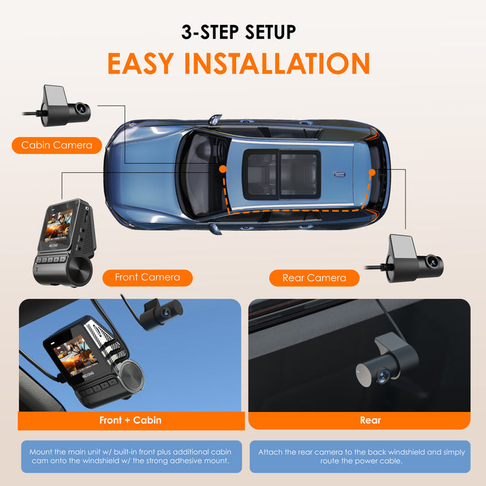 RH2 installation diagram showing the front main unit, cabin camera and rear windshield camera