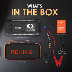 Rexing 2000A Jump Starter, 12V Car Battery Booster with 65W Quick Charger, LED Display, 16000mAh Portable Battery Pack for 7L Gas/6L Diesel Engines with LED Light & Jumper Cables
