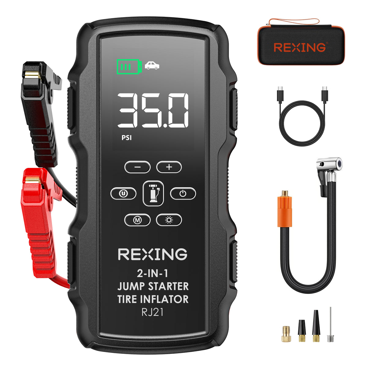 Rexing 2-in-1 Jump Starter & Tire Inflator, 7200mAh Portable 12V Car Battery Booster with 150 PSI Air Compressor, LED Flashlight, USB Power Bank for Roadside Emergencies