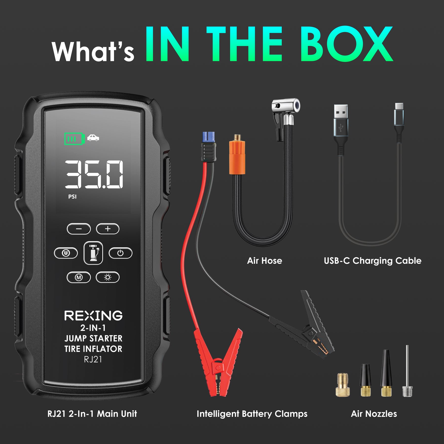 Rexing 2-in-1 Jump Starter & Tire Inflator, 7200mAh Portable 12V Car Battery Booster with 150 PSI Air Compressor, LED Flashlight, USB Power Bank for Roadside Emergencies