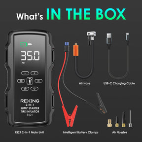 Rexing 2-in-1 Jump Starter & Tire Inflator, 7200mAh Portable 12V Car Battery Booster with 150 PSI Air Compressor, LED Flashlight, USB Power Bank for Roadside Emergencies