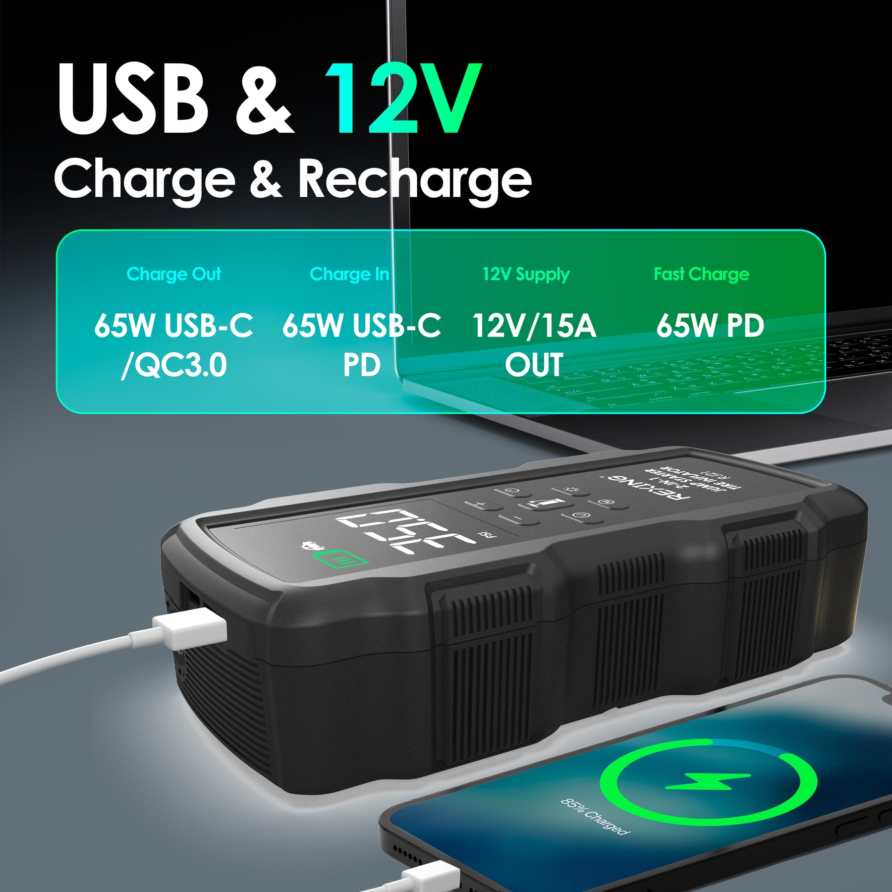 Rexing 2-in-1 Jump Starter & Tire Inflator, 7200mAh Portable 12V Car Battery Booster with 150 PSI Air Compressor, LED Flashlight, USB Power Bank for Roadside Emergencies