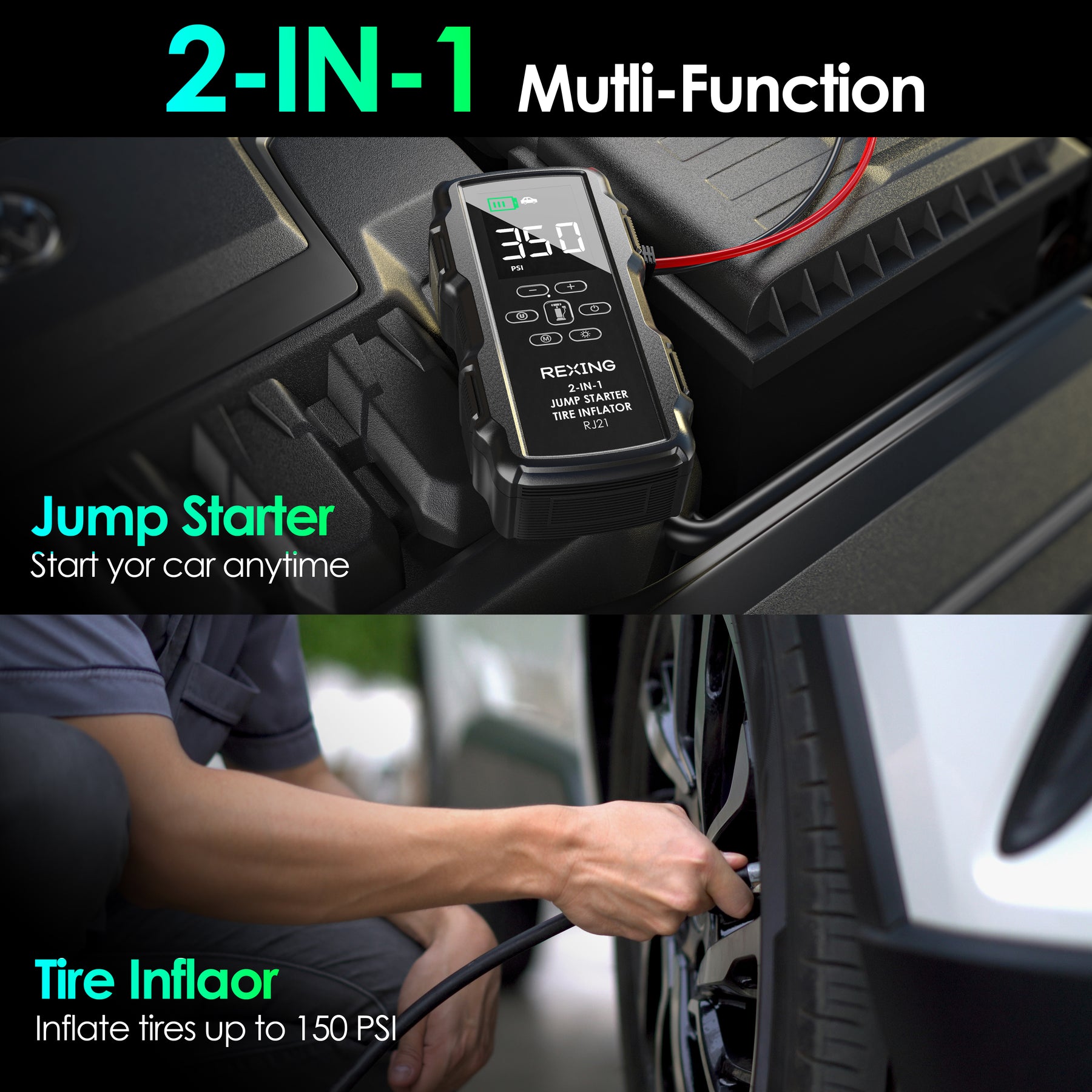 Rexing 2-in-1 Jump Starter & Tire Inflator, 7200mAh Portable 12V Car Battery Booster with 150 PSI Air Compressor, LED Flashlight, USB Power Bank for Roadside Emergencies