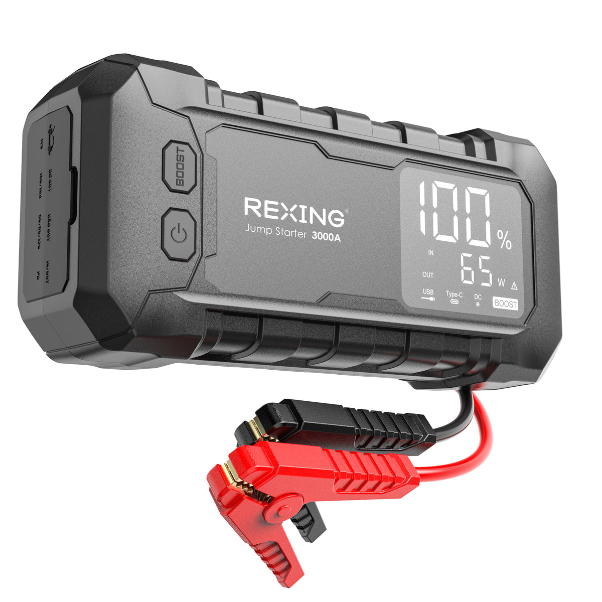 Rexing 3000A Jump Starter, 12V Car Battery Booster with 65W Quick Charger, LED Display, 20000mAh Portable Battery Pack for 8L Gas/8L Diesel Engines with LED Light & Jumper Cables