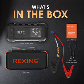 Rexing 3000A Jump Starter, 12V Car Battery Booster with 65W Quick Charger, LED Display, 20000mAh Portable Battery Pack for 8L Gas/8L Diesel Engines with LED Light & Jumper Cables