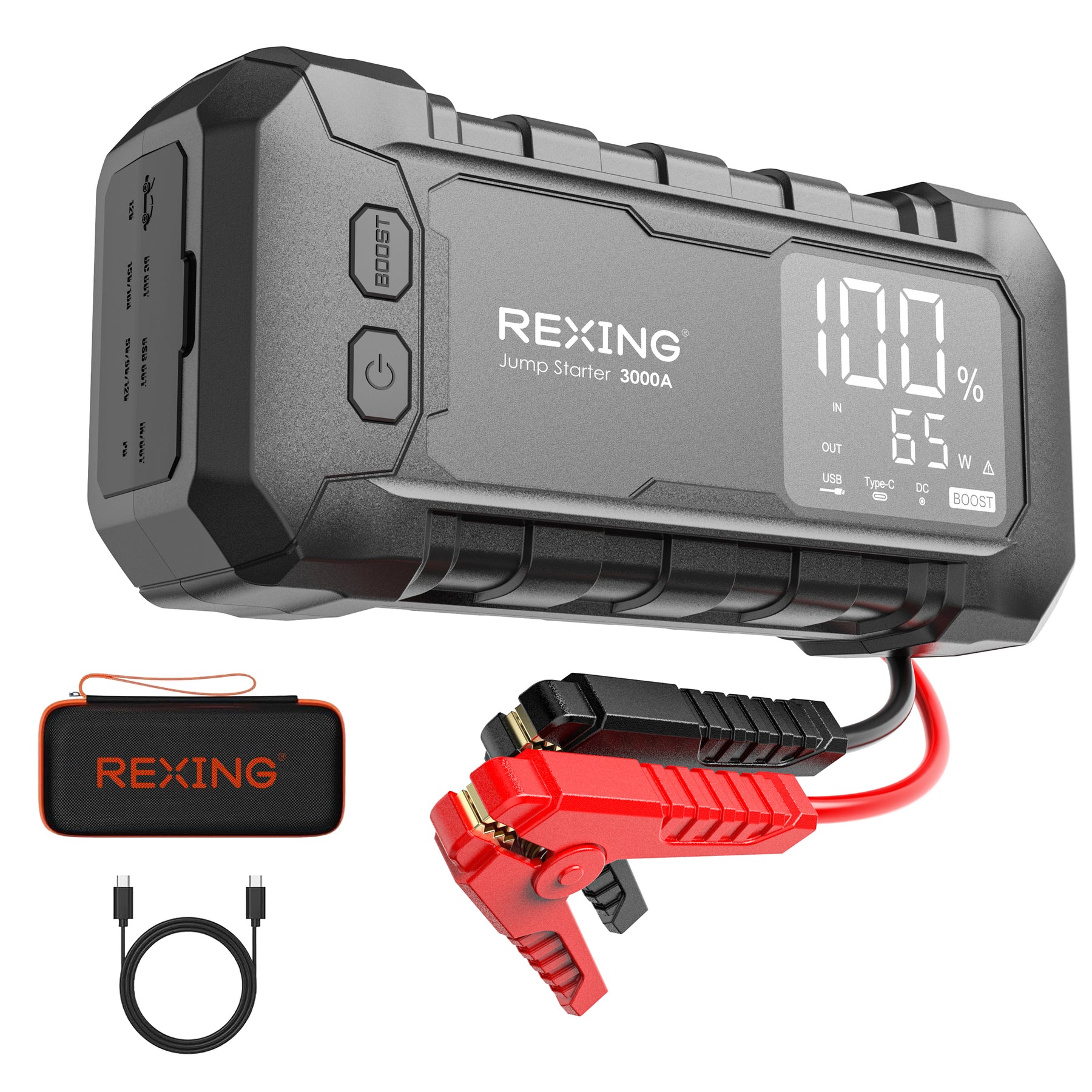 Rexing 3000A Jump Starter, 12V Car Battery Booster with 65W Quick Charger, LED Display, 20000mAh Portable Battery Pack for 8L Gas/8L Diesel Engines with LED Light & Jumper Cables