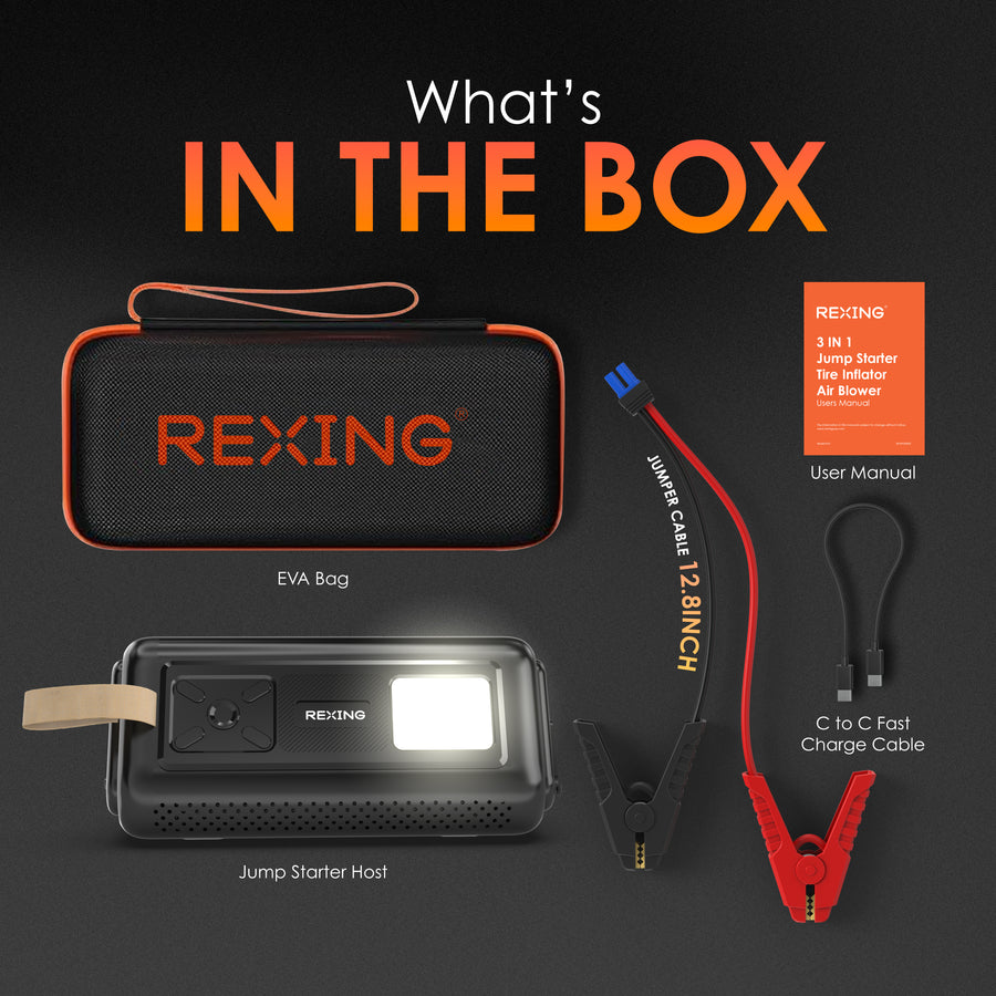 Included Rexing 3-in-1 unit, jumper cable, USB-C cable, EVA case, and user manual