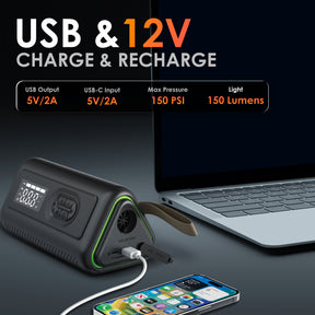 Rexing 3-in-1 Jump Starter, Tire Inflator & Air Blower, 1500A Peak 12V Car Battery Booster for 6L Gas/3L Diesel Engines with 150 PSI Air Compressor, LED Flashlight, 12000mAh Portable Power Bank
