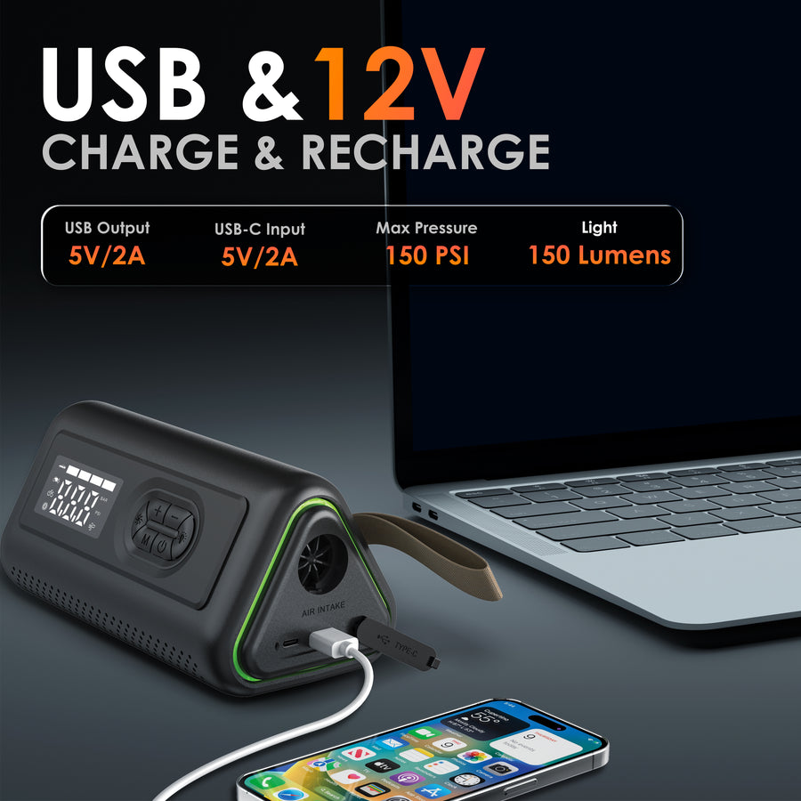Rexing portable unit showing 5V 2A USB output and USB-C charging input