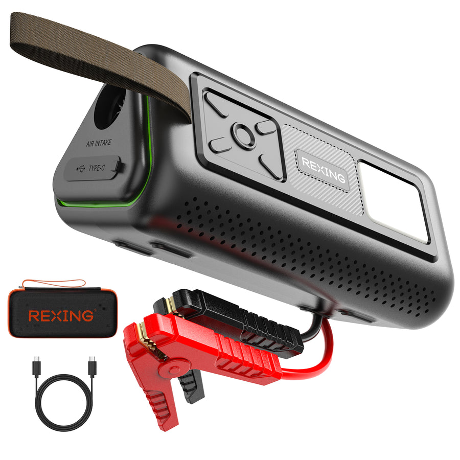 Rexing 3-in-1 portable jump starter with jumper clamps, carrying case, and USB-C cable