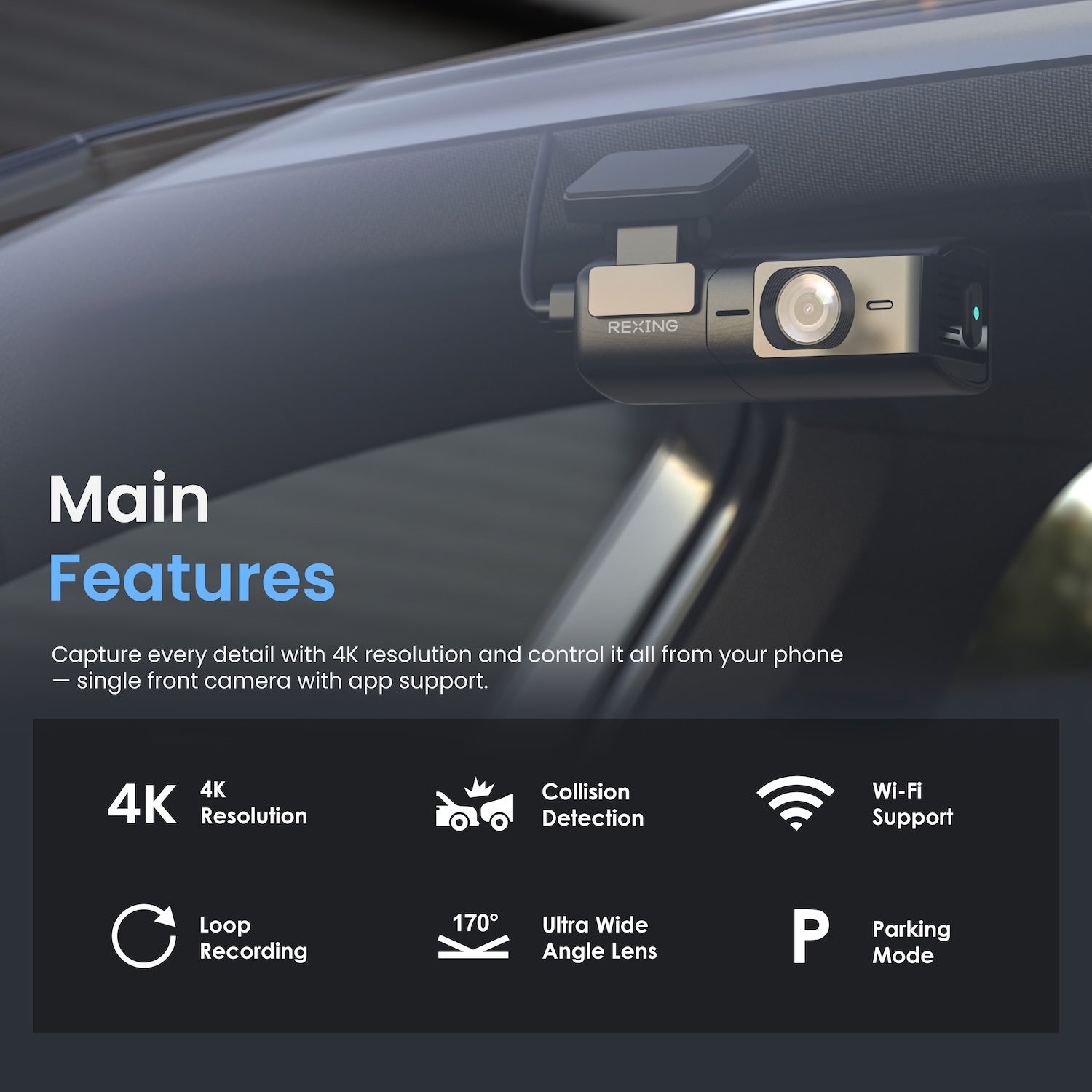 Rexing – SC4KS Ultra HD Car Dash Cam with Wi-Fi Bundle