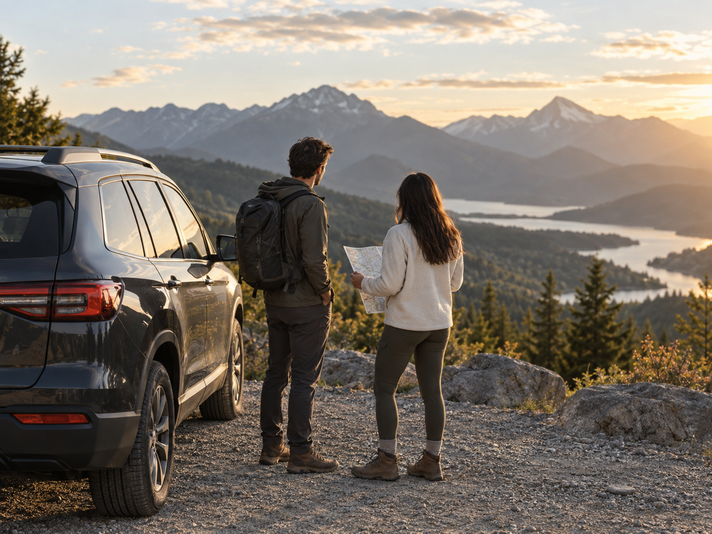 Two travelers planning their next stop at a mountain overlook