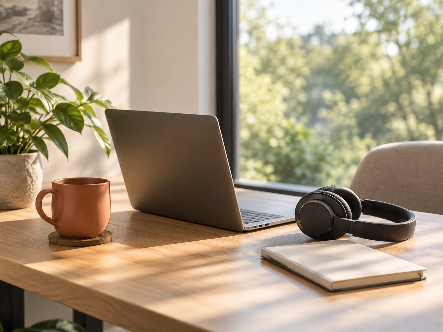 A laptop, headphones and notebook on a warmly lit desk